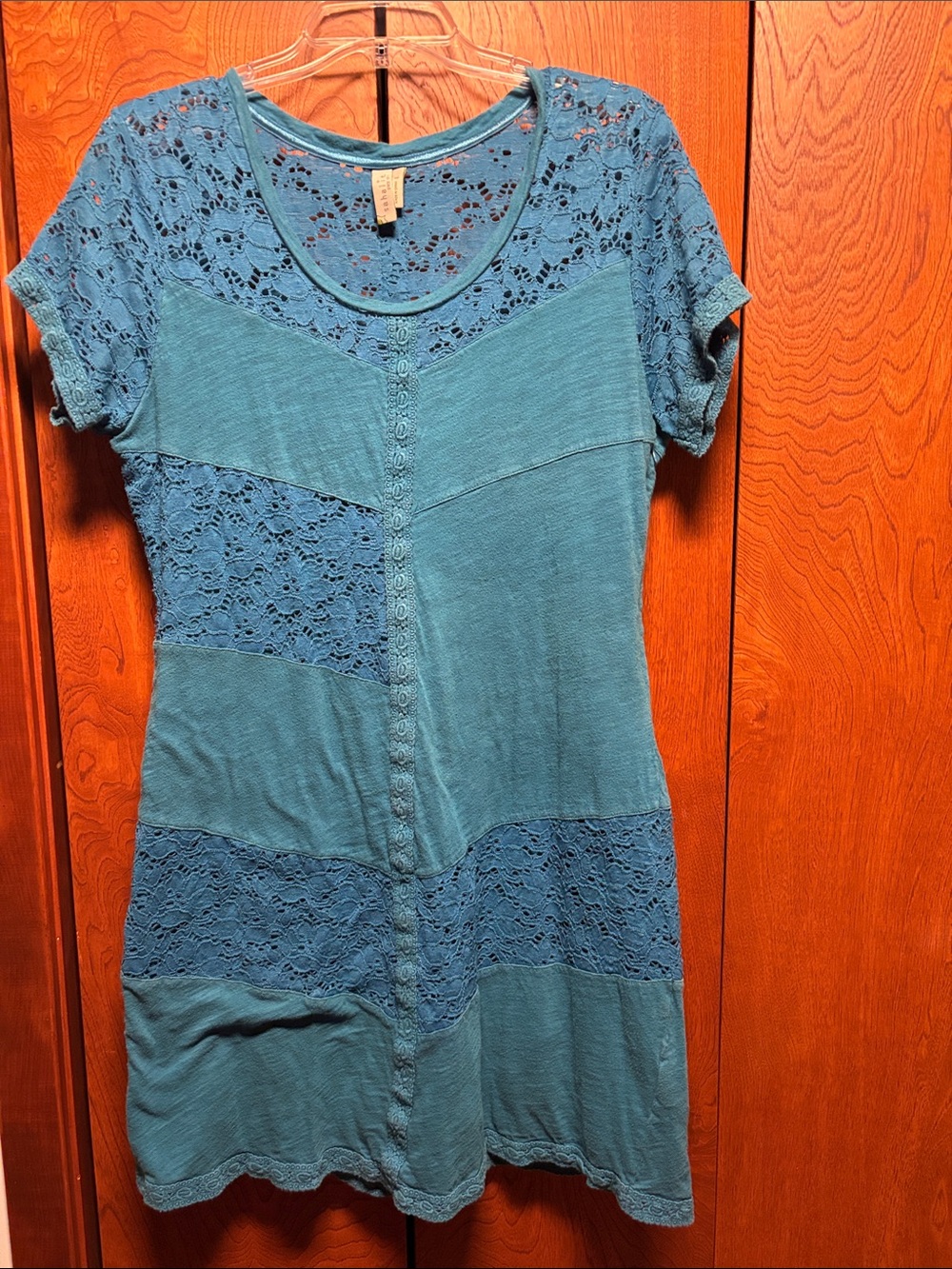 Sahalie Teal Lace-Panel Short Sleeve Dress